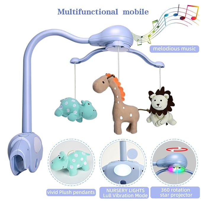 Pack and Play Crib Mobile for Boys or Girls,Light Blue Bassinet Mobile with Music,Rotation,Nursy Lights,Natural Sounds,Timer Function,Starlight Projection