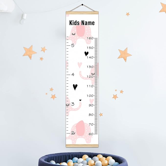 Personalized Kids Name Growth Chart Ruler for Wall Wood Frame Height Measure Chart 13.4x56 in Linen Hanging Height Growth Chart Pink Elephant Kids Room Decor