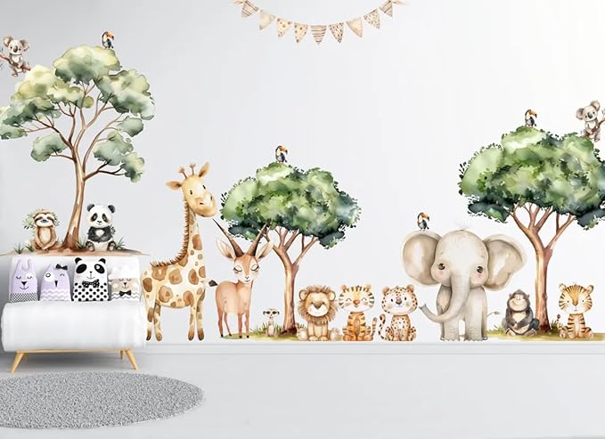 Safari Jungle Wall Stickers – Safari Animals Wall Decals for Nursery – Kids Room Wall Art – Removable Vinyl Stickers for Baby Room Decor – Giraffe Elephant Lion Wall Mural (Set1)