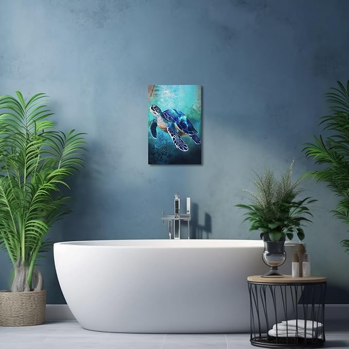 AWPANERAR Sea Turtle Wall Art Bathroom Pictures Watercolor Sea Life Canvas Prints Ocean Animal Poster Nautical Theme Artwork for Kids Room Nursery Decor Framed (Blue, (24L x 16W))