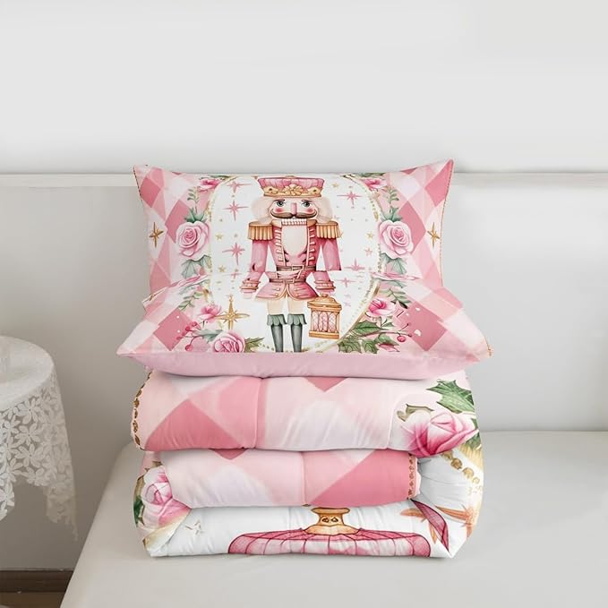 Feelyou Christmas Comforter Set King Size Pink Nutcrackers Bedding Set for Kids Boys Girls Floral Duvet Quilt Funny Nutcracker Bedroom Decor Rose Microfiber 3 Pcs with 2 Pillow Cases