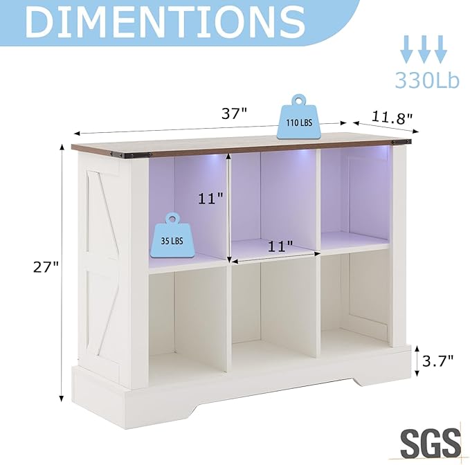 6 Cube Storage Organizer, Wood Cube Bookshelf with LED Lights, Horizontal Storage Cubes, Kids Bookshelf, Display Cabinet Cubby Shelf for Living Room Home Office Bedroom, White