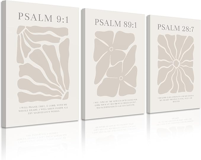 Scripture Christian Wall Art Set of 3 Beige Bible Verses Wall Decor Neutral Psalm Canvas Wall Art Modern Pictures Flower Prints Christian Artwork for Living Room Bedroom 24x36 Inch Ready to Hang
