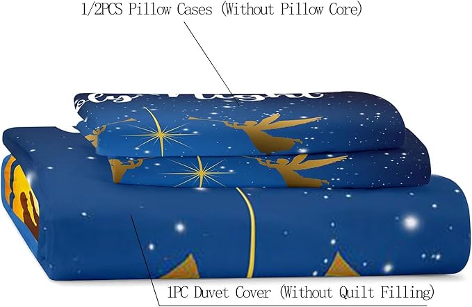 LUVIVIHOME 3PCS Christmas Duvet Cover King Bedding Set, Navy Blue Duvet Cover, Galaxy Oh Holy Night Nativity Scene Angel Winter Holiday Xmas Christmas Comforter Cover, Bed in a Bag, 2 Pillow Cases