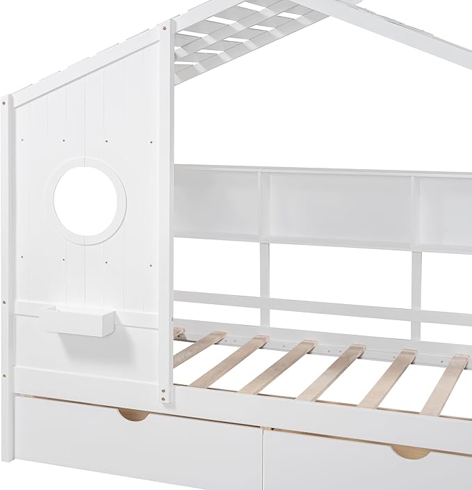 Merax Wood Multifunctional Daybed with Drawers/Storage Shelf, House Low Day Bed for Kids, Space Saving, Easy Assemble White