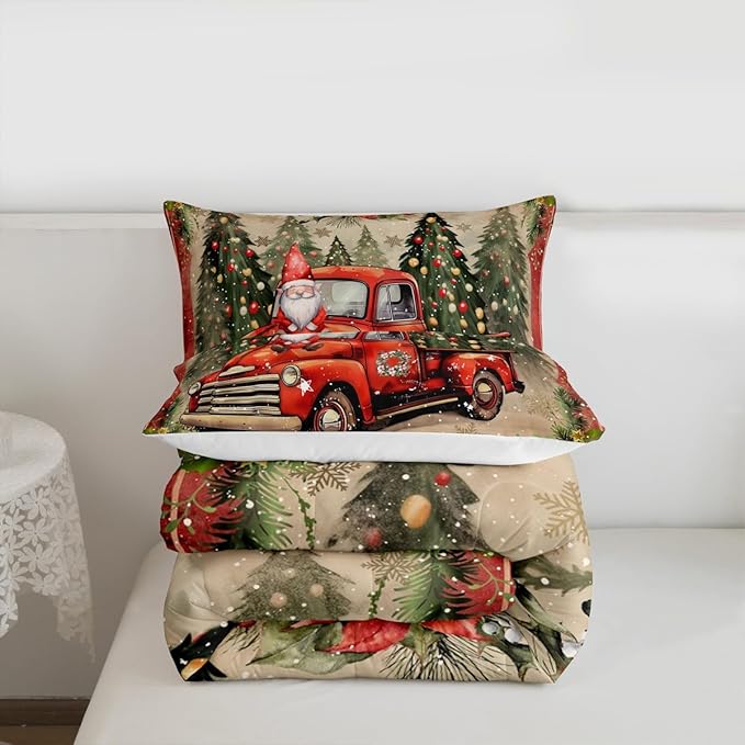 Manfei Red Truck Comforter Set Full Size, Xmas Trees Santa Claus Snowflake Bedding Set 3pcs for Kids Boys Girls Room Decor, Christmas Theme Down Comforter New Year Quilt Set with 2 Pillowcases