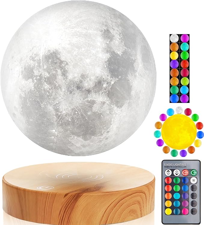 VGAzer Levitating Moon Lamp,Floating and Spinning in Air Freely with 3D Printing LED Moon Lamp Has 20 Modes for Unique Gifts,Room Decor,Night Light,Office Desk Toys (Wooden Base 16 Colors)