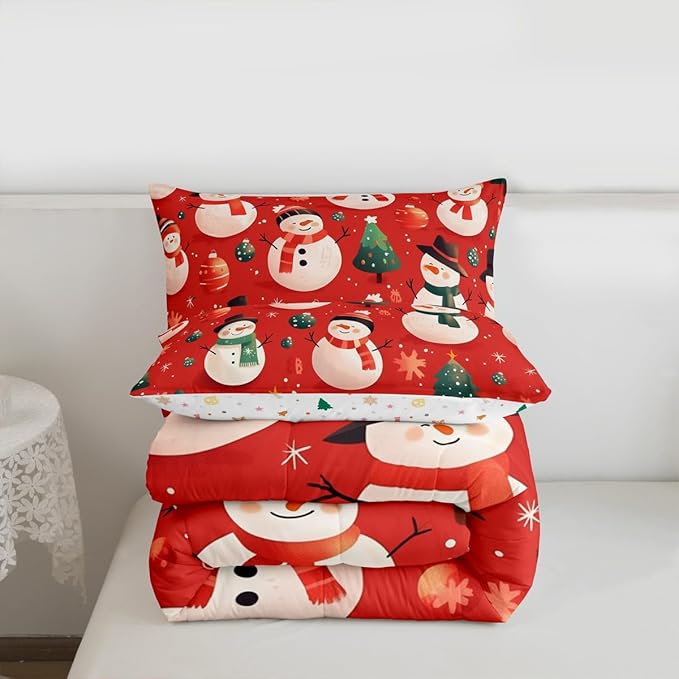 Feelyou Christmas Comforter Set King Size Snowman Bedding Set for Kids Boys Girls Snowflake Duvet Quilt New Year Theme Bedroom Decor Microfiber 3 Pcs with 2 Pillow Cases