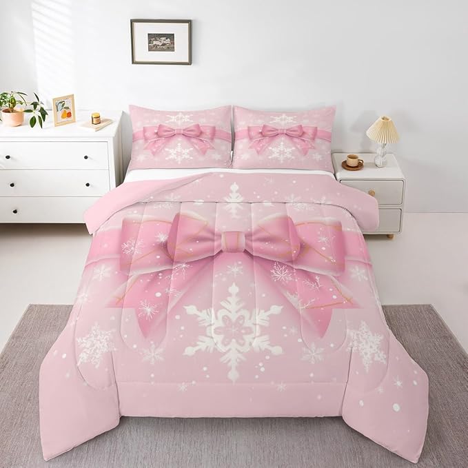 Feelyou Pink Bow Comforter Set All Season Coquette Bow Knot Bedding Set with 1 Pillow Cases Xmas Snowflake Kids Toddler Bedclothes Cute Dreamy Princess Style Decor Christmas Duvet Quilt Soft