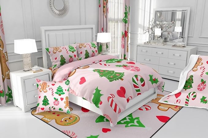 Feelyou Merry Christmas Kids Comforter Set Toddler Size Gingerbread Man Bedding Set Christmas Decor Duvet Quilt for Kids Boys Girls Bedroom New Year Gift Decor Microfiber Ultra Soft Breathable