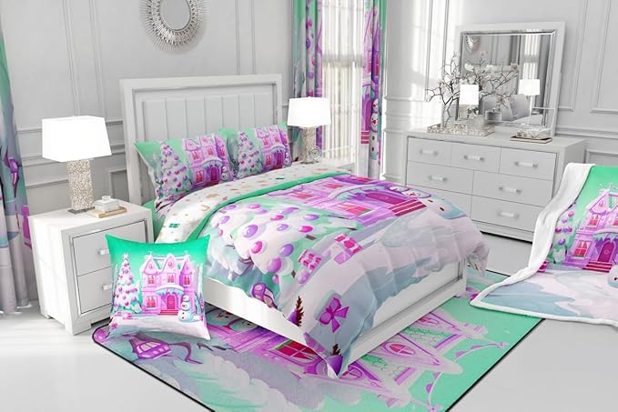 Feelyou Merry Christmas Comforter Cover Set Christmas Tree Snowman Duvet Cover Set for Kids Boys Girls Bedroom Bed Decor Xmas Christmas Purple Bedding Set Toddler Size Soft Quilt Cover,No Comforter