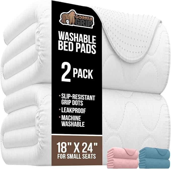 GORILLA GRIP Washable Underpads, Waterproof Reusable Heavy Absorbency Incontinence Bed Pads, Leak Proof Toddler Mattress Pad, 18x24 2 Pack, Slip Resistant for Bedwetting, Adults and Kids, White