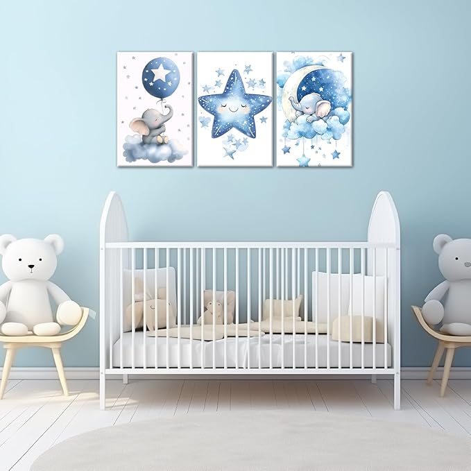 Nursery Canvas Wall Art Elephant Pictures Wall Decor Moon and Stars Painting Baby Boy Prints Cute Animal Poster Artwork for Kids Room Bathroom Decor Framed(Baby-1,16L x 24W x 3Pcs)
