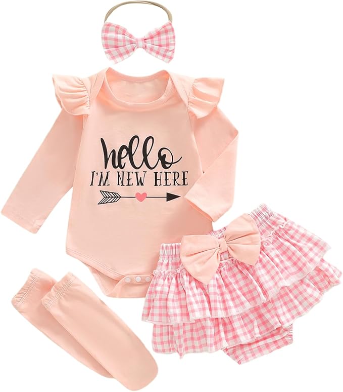 Newborn Baby Girl Clothes Hello I'm New Here Romper Ruffle Shorts Tutu Skirt Set Cute Infant Coming Home Outfits