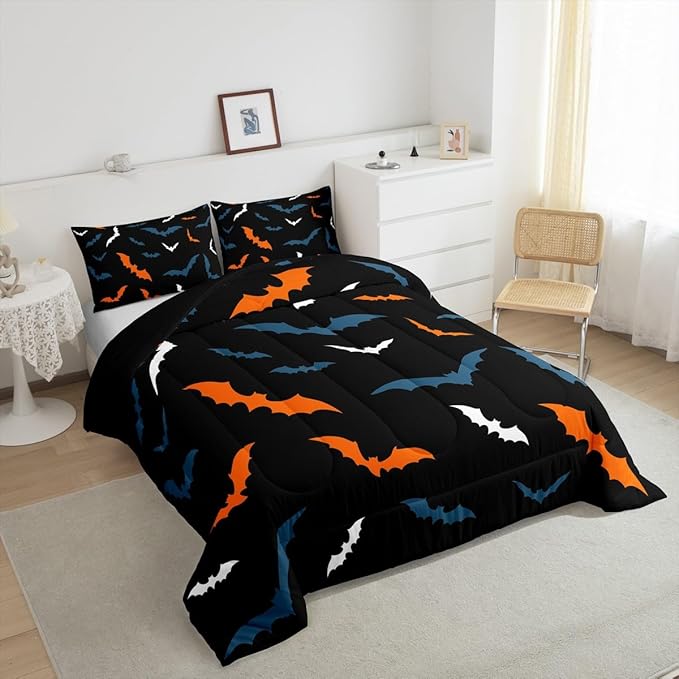 Erosebridal Bat Bedding Set for Kids Adults Boys Girls Happy Halloween Comforter Set Full Size Gothic Spooky Quilt Orange Bats Duvet Insert with 2 Pillow Cases