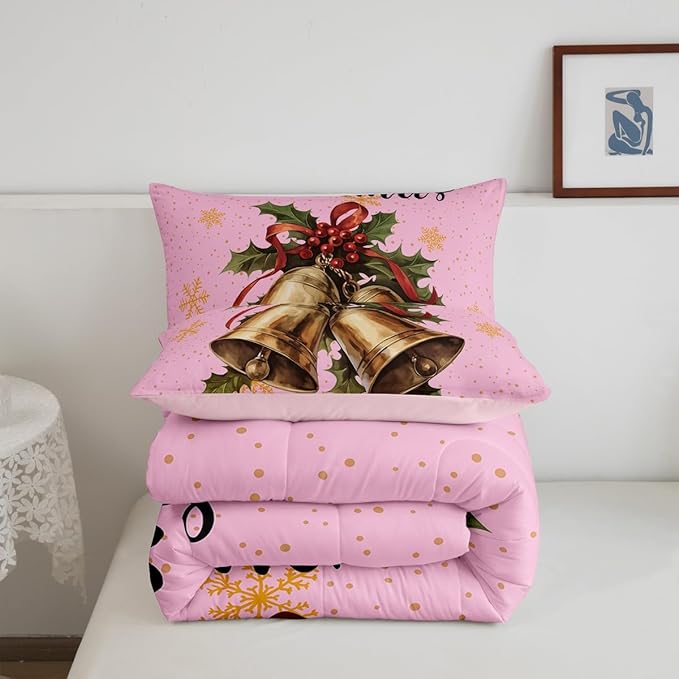 Erosebridal Merry Xmas Full Kids Comforter Sets Christmas Bell Bedding Sets for Girls Happy New Year Theme Down Comforter for Boys Teens Snowflake Quilt Set,Pink