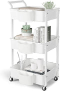 3-Tier Utility Rolling Cart,Mobile Utility Cart with Lockable Caster Wheels,Storage Shelves Organizer Cart, 3 Hanging Baskets, Easy Assembly,for Bathroom, Kitchen, Office, Workshop