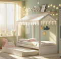 Merax House Bed with Trundle, Solid Wood Twin Size Daybed for Girls & Boys, Kids Platform Bed Frame with Roof for Bedroom, No Box Spring Needed, White