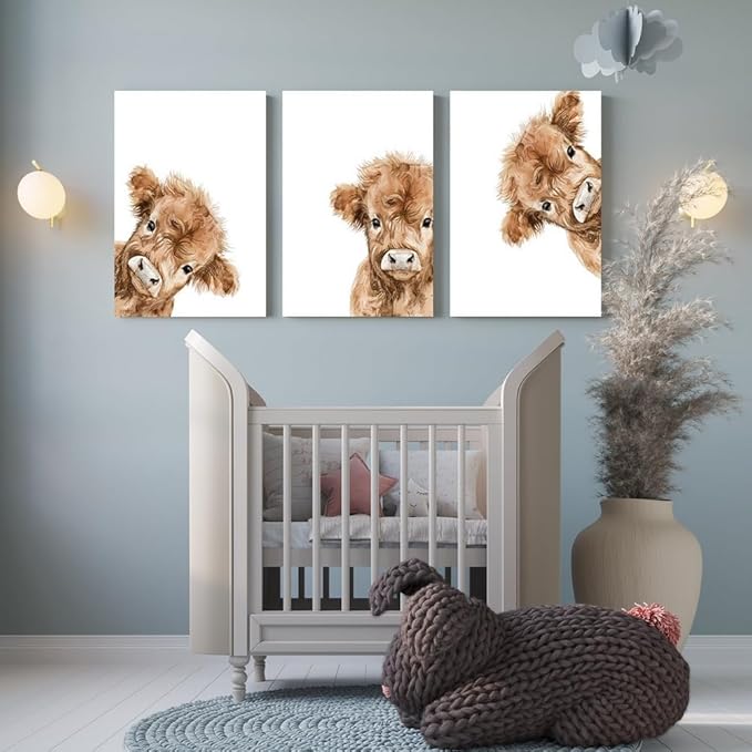 Peeking Cow Nursery Wall Art, Cute Highland Cow Print, 3 Piece Watercolor Baby Animal Nursery Wall Decor, Farmhouse Picture for Baby Boy Girl Room Decor, Framed Canvas Set, 12"x16"x3
