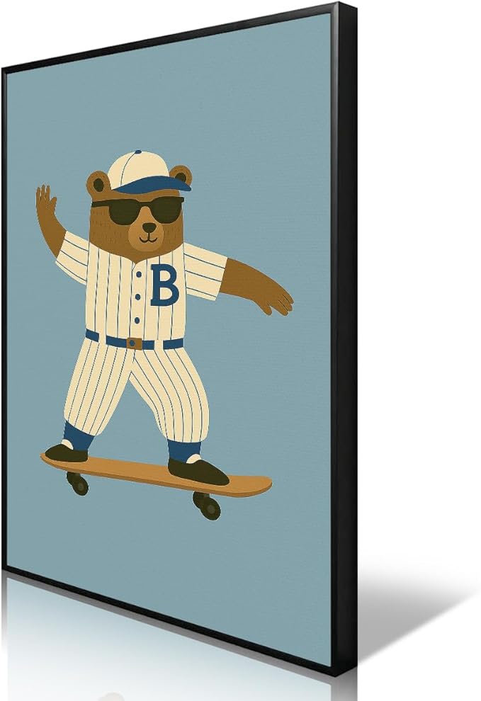 Skateboard Canvas Wall Art, Nursery Animal Sports Posters, Fashion Sunglasses Bear Athletes Pictures, No.1 Kiddo Inspirational Quote Print, Funny Skateboard Rabbit Dog Painting 12x16in Wrapped Canvas