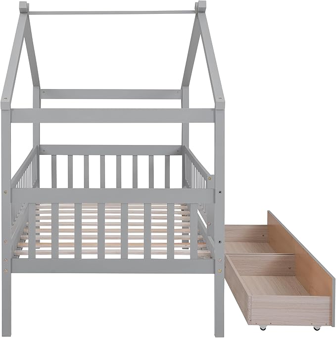 Twin House Bed with 2 Storage Drawers, Kids Twin Bed Frame with Rails and Roof, Tent Bed, Wooden Twin Daybed, Twin Montessori Bed for Kids Teens Girls & Boys, No Box Spring Needed (Gray)