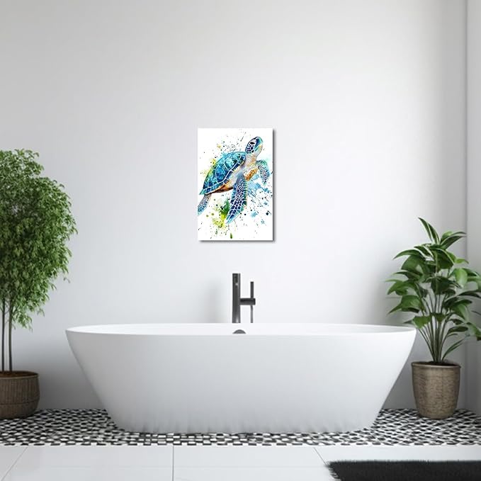 AWPANERAR Sea Turtle Wall Art Bathroom Pictures Watercolor Sea Life Canvas Prints Ocean Animal Poster Nautical Theme Artwork for Kids Room Nursery Decor Framed (White, (24L x 16W))