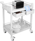 Beauty Trolley Cart with Wheels, Esthetician Cart with Handrail, Bucket and 2 Big Drawer, 2 Tier Heavy Duty Vacuum Therapy Machine Trolley, Load 330lbs, 360° Rotate Silent Wheels