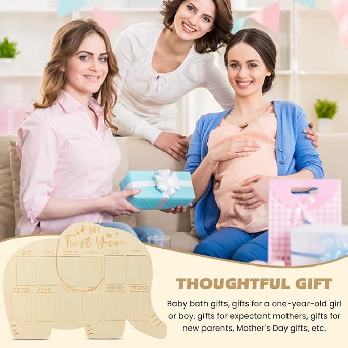 My First Year Picture Frame, Baby’s First Year Photo Display Wood Board 12 Months Milestone Board Birthday Baby Keepsake Nursery Decor Gift for Boy Girl(SIZE:Elephant)