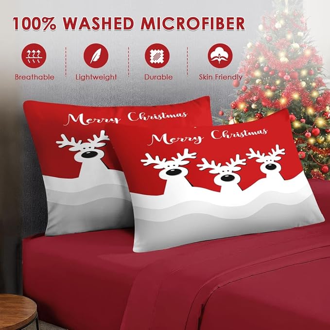 5 Pcs Twin Size Christmas Comforter Set with Pillowcase & Sham, Cute Cartoon Reindeer Bedding for Kids and Adults, Winter Merry Xmas Bed in a Bag with Flat Fitted Sheet