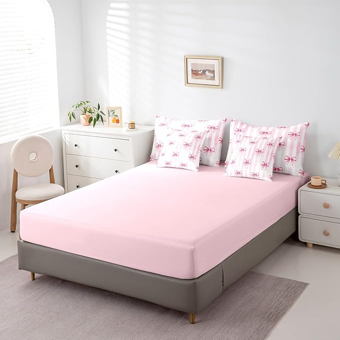 7 Pieces Pink Bowknot Kids Comforter King,Bow Tie Geometric Stripe Bedding Set,Butterfly Knot Princess Style Fashion Pink Romantic（Comforter+Fitted+Flat Sheet+2 Pillowcases+2 Throw Pillow Covers）