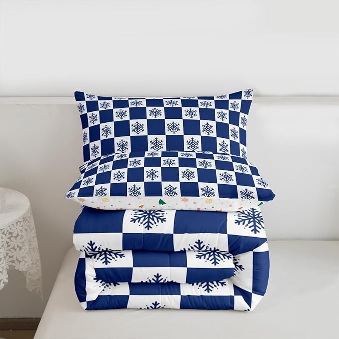 Feelyou Christmas Bedding Set Soft for Boys Girls, Checkered Comforter Set Toddler Size Snowflake Duvet Quilt Microfiber Xmas Decorations Bedroom Decor Blue 2 Pcs with 1 Pillow Cases