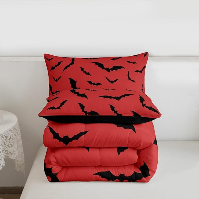 Erosebridal Black Bats Bedding Set Halloween Themed Comforter Set King Size,Bat Spooky Gothic Quilt for Kids Boys Girls Adults Red Halloween Decorations Duvet Insert,Goth Room Decor