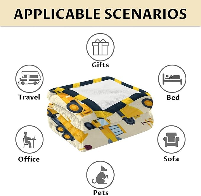 Construction Blanket for Kids - 30" x 40" Inches Cute Throw Blanket for Boys - Yellow Lightweight Furry Throw for Lap, Couch, Office