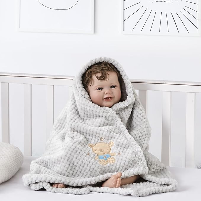 CREVENT 2Pcs 30''X40'' Cute Cozy Fluffy Warm Baby Blankets for Infants Toddlers' Bedding Crib Cot Stroller - Grey Cloud + Baby Bear