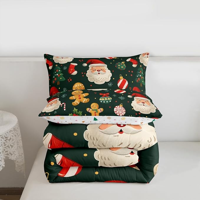 Feelyou Christmas Bedding Set Soft for Boys Girls, Santa Xmas Tree Comforter Set Toddler Size Gingerbread Man Duvet Quilt Microfiber Snowflake Stockings Bedroom Decor 2 Pcs with 1 Pillow Cases