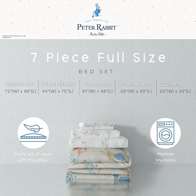 Franco Peter Rabbit Kids Bedding Super Soft & Cozy Reversible Microfiber Comforter and Sheet Set with Sham, 7 Piece Full Size, (Officially Licensed Product)