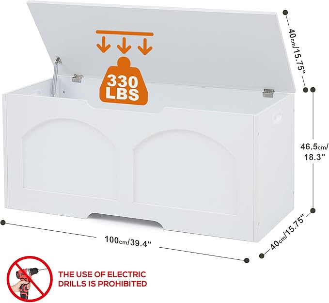 39.4" Storage Chest, Wooden Storage Bench Trunk, Upgraded Safety Lift Support Hinge, Large Entryway Bench Box, Supports 330 lb U-Shaped Opening for Entryway, Hallway, Living Room, Ivory White