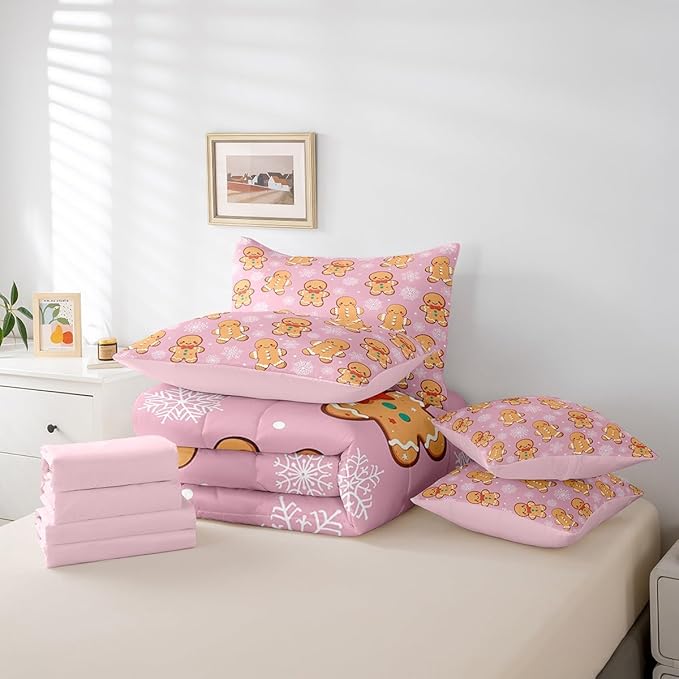 Erosebridal Christmas Gingerbread Full Bedding Set 7 Piece,Cute Gingerbread Man Bed in A Bag,Xmas Snowflake Comforter Set Girls Sheet Set with Comforter,Pink Christmas Decoration