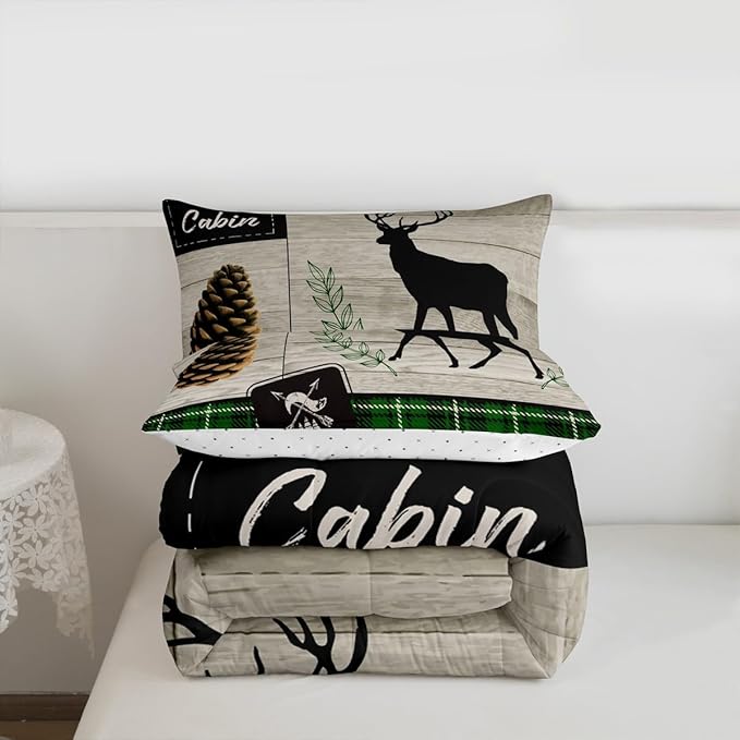 Deer Silhouette Kids Comforter Set King Size,Old Plank Leaves Bedding,Girls Boys Adults Bedroom/Xmas Cabin Decor,Geometric Grid Plaid Retro Down Comforter,Rustic Farmhouse Duvet Insert,2 Pillowcases