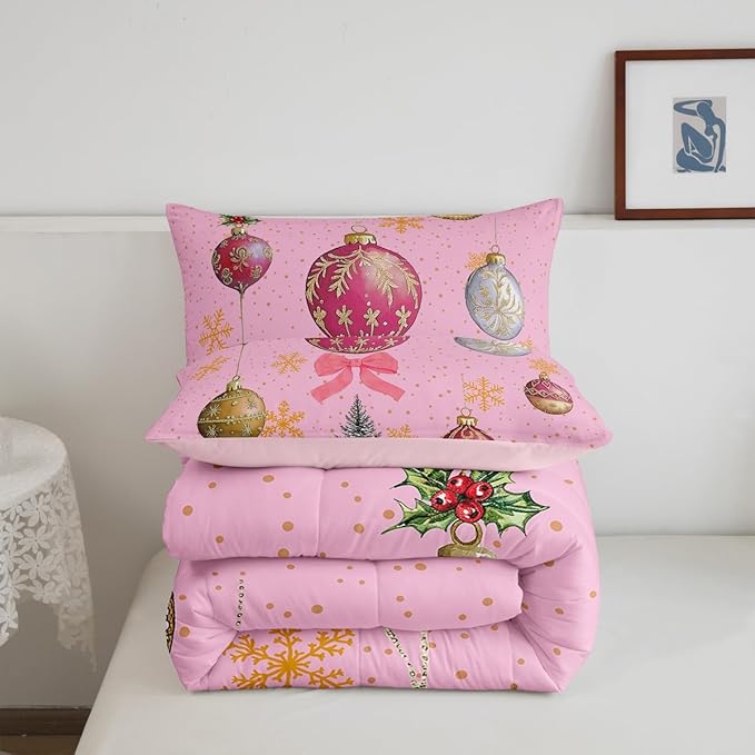 Erosebridal Merry Christmas King Bedding Sets Xmas Tree Comforter Sets Kids Snowflake Happy New Year Down Comforter for Boys Girls Pink Bownot Decor Bed Set