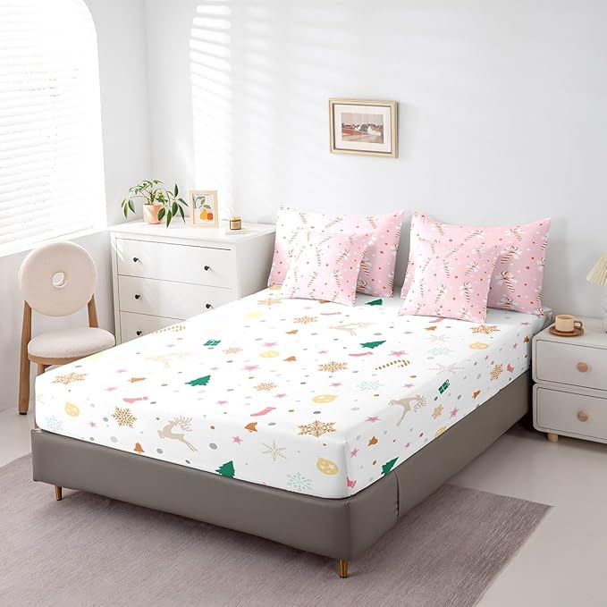 Feelyou Pink Christmas Girly Comforter Set with Sheets Kids Christmas Bowknot Bedding Set Boys Girls Bow Candy Decor Bed in a Bag Xmas Theme Bed Set Bedroom Queen Size