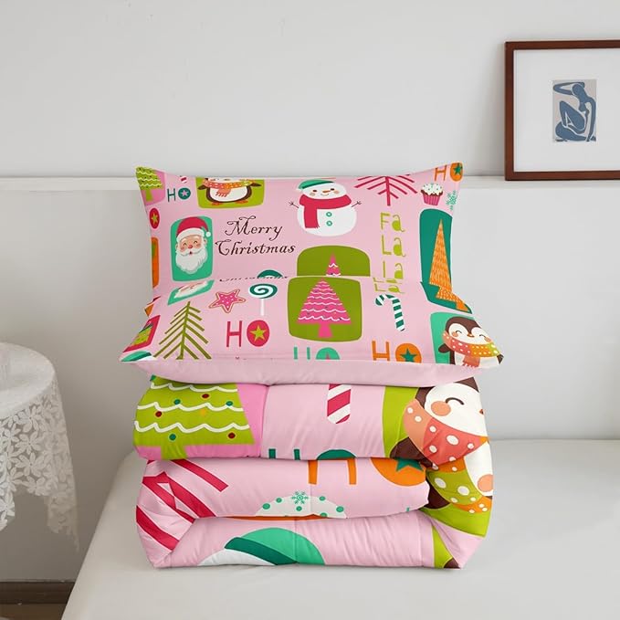 Erosebridal Christmas Kids Comforter Set Toddler Size Cartoon Santa Claus Quilts Boys Girls Room Decor Merry Xmas Penguin Bedding Set Christmas Tree Snowman Down Comforter,Pink