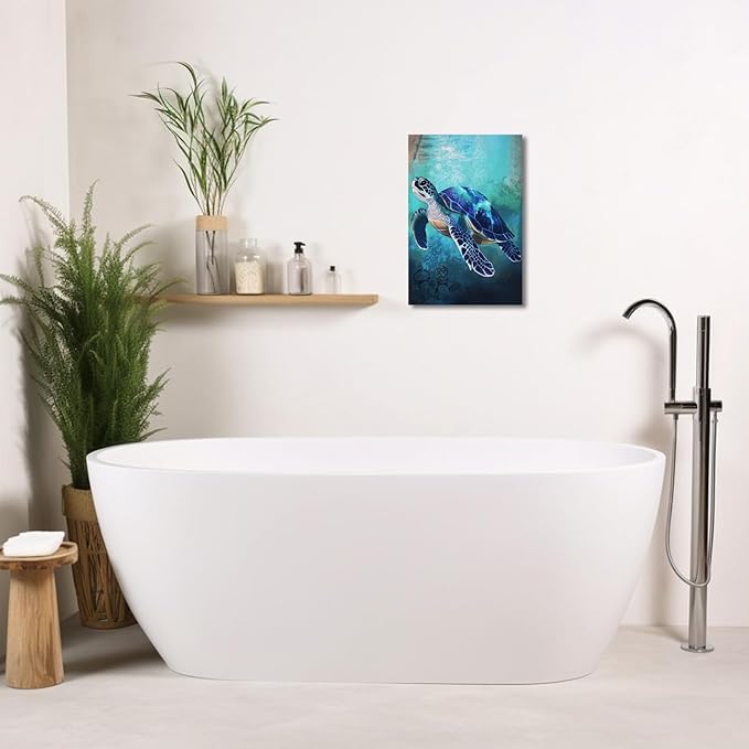 AWPANERAR Sea Turtle Wall Art Bathroom Pictures Watercolor Sea Life Canvas Prints Ocean Animal Poster Nautical Theme Artwork for Kids Room Nursery Decor Framed (Blue, (24L x 16W))