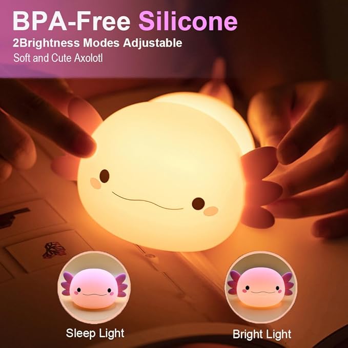 Night Light for Kids Bedroom, Animal Silicone Nursery Night Lamp Touch Nightlights USB Rechargeable Bedside Lamp for Baby Children Toddlers Girls Gift (Pink Axolotl +1)