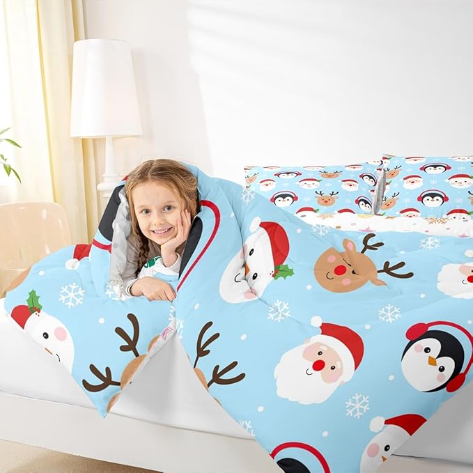 Feelyou Merry Christmas Comforter Set All Season Santa Claus Bedding Set with 1 Pillow Cases Deer Penguin Microfiber Kids Toddler Bedclothes Snowman Bedroom Decor Duvet Quilt Soft Lightweight