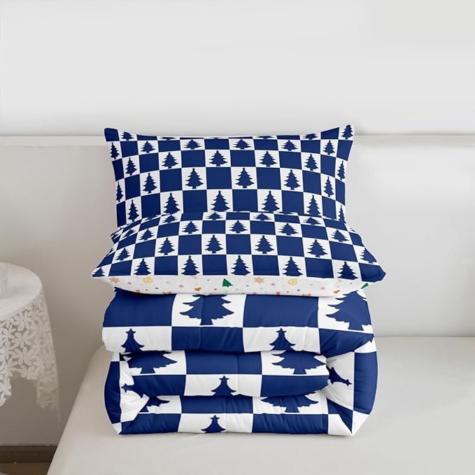 Feelyou Christmas Kids Comforter Set Full Size Checkered Bedding Set Christmas Tree Duvet Quilt for Kids Boys Girls Bedroom Xmas Decorations Decor Blue Microfiber Ultra Soft Breathable
