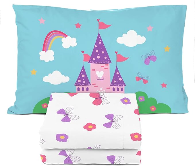 Sunny Side Up Magic Castle Toddler Sheet Set - 3 Piece Toddler Bedding Set Includes Pillow Cover - Super Soft Floral Butterfly Microfiber Sheets