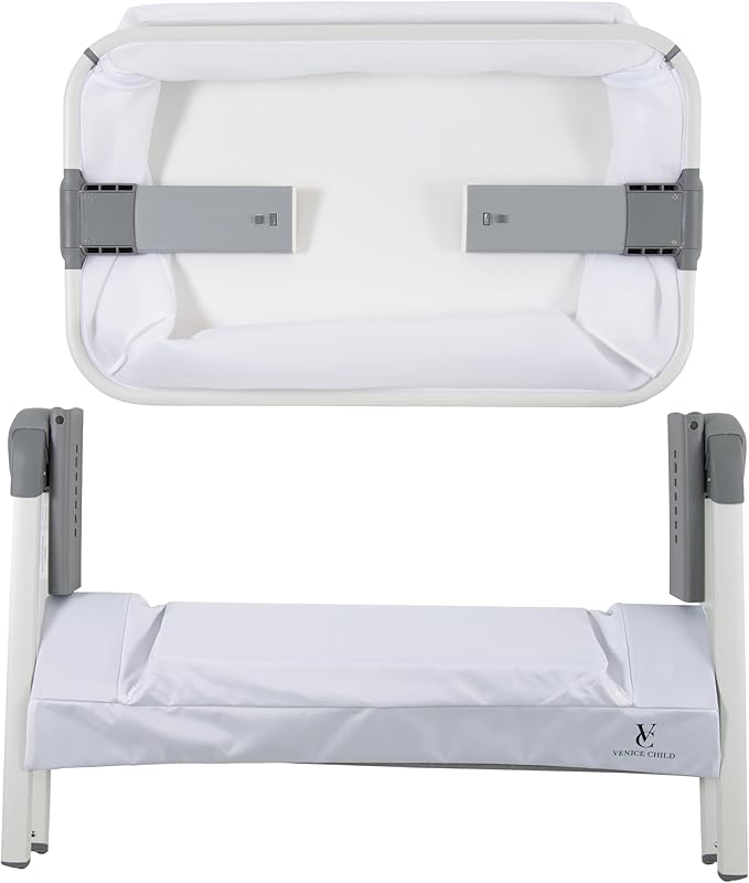 Venice Child California Dreaming Bedside Crib Bassinet w/Travel Case, Bamboo Bassinet Sheet, Removable Bamboo Compressed Cotton Mattress, Height Adjustable, Easy Clean (White)