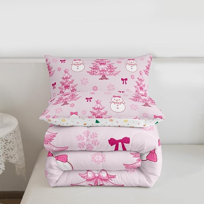 Feelyou Merry Christmas Bedding Set Soft for Boys Girls, Cute Snowman Comforter Set Twin Size Cartoon Bowknot Duvet Quilt Microfiber Christmas Tree 2 Pcs with 1 Pillow Cases