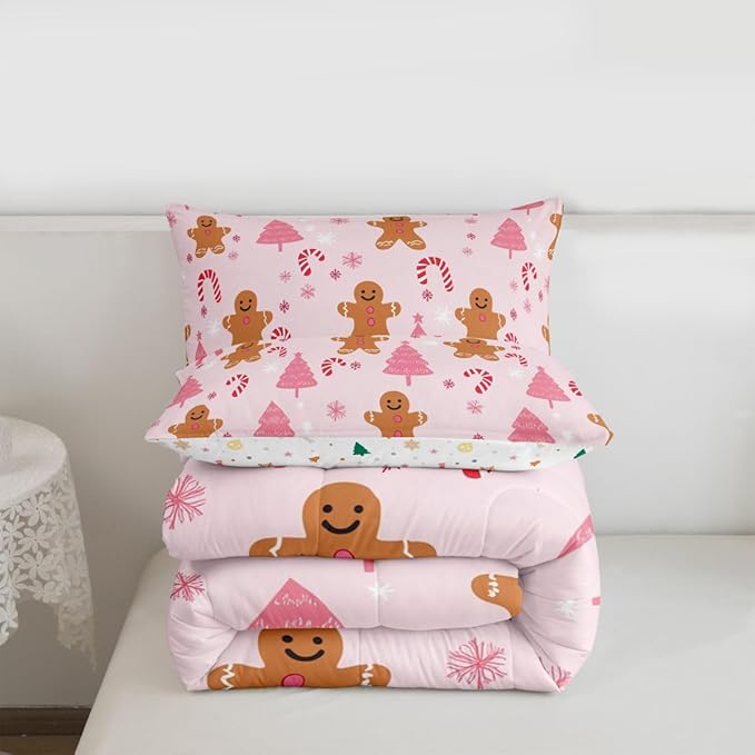 Feelyou Cute Gingerbread Man Comforter Set All Season Pink Christmas Tree Bedding Set with 1 Pillow Cases Candy Cane Kids Twin Snowflake Room Decor Christmas Duvet Quilt Breathable Soft Lightweight